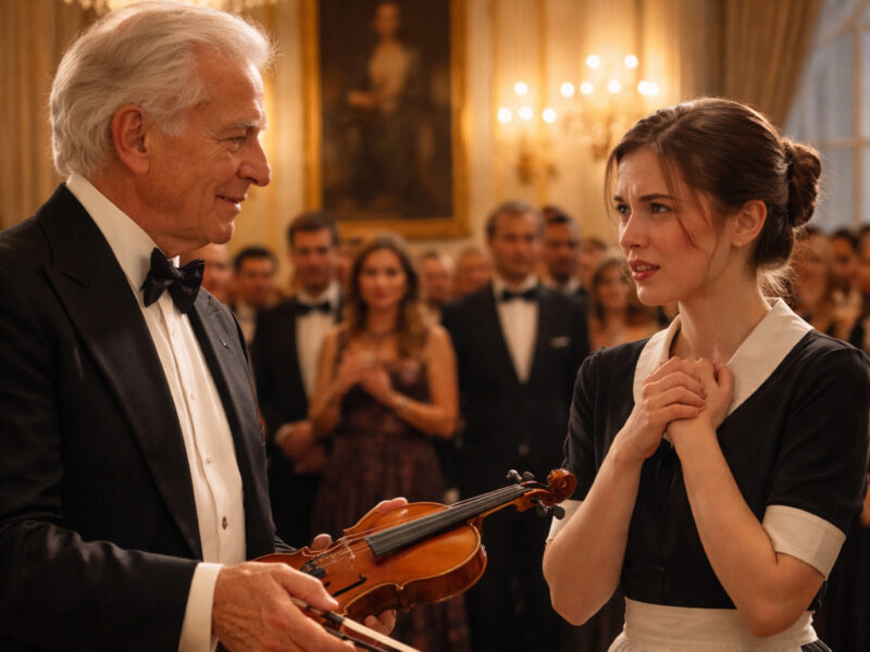 „Jei sugebėsi groti šiuo smuiku, aš tave ištekėsiu“, – pasakė milijardierius, tyčia tyčiodamasis iš kambarinės… kol paprastas jos gestas paliko visą salę be žado